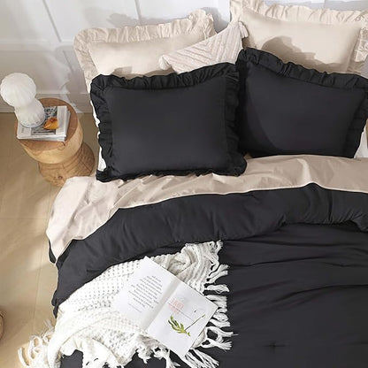 Andency Black Ruffle Comforter Twin XL(68x92Inch), 2 Pieces(1 Ruffled Comforter and 1 Pillowcase) Solid Farmhouse Shabby Chic Bed, Vintage Rustic Soft Microfiber Bedding Set