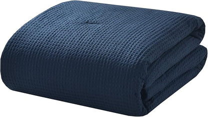Chezmoi Collection Wilmer 3-Piece Waffle Weave Comforter Set - Soft and Cozy All Season Bedding Set, Queen, Navy