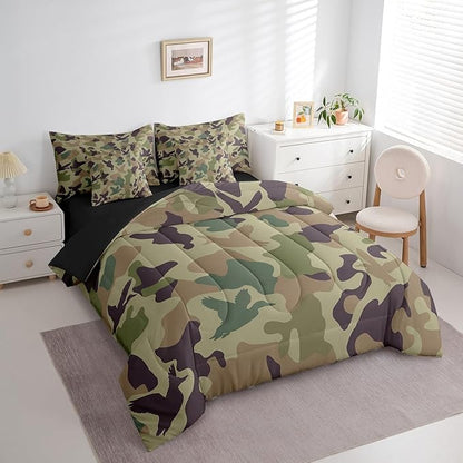 Erosebridal Camo 7 Piece Comforter Set Queen Size Army Green Bedding for Kids Farmhouse Camouflage Hunting Bed in A Bag Sheet Set Vintage Brown Room Decor Wild Duck Rustic Animal Bed Set