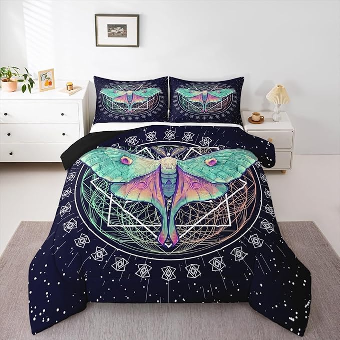 Erosebridal Moth Comforter Butterfly Bedding Set Queen Size Gothic Decor Down Comforter Geometric Comforter Set Halloween Duvet Set for Kids Boys Girls Teens Room Dorm Decorative, Navy Blue