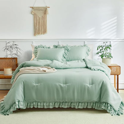 Green Ruffled Comforter Set King Size, 3 Pieces (1 Ruffled Comforter and 2 Pillowcases) Farmhouse Shabby Chic Style with 2 Layers Ruffle, Solid Color Lightweight Fluffy Bedding Sets for All Season