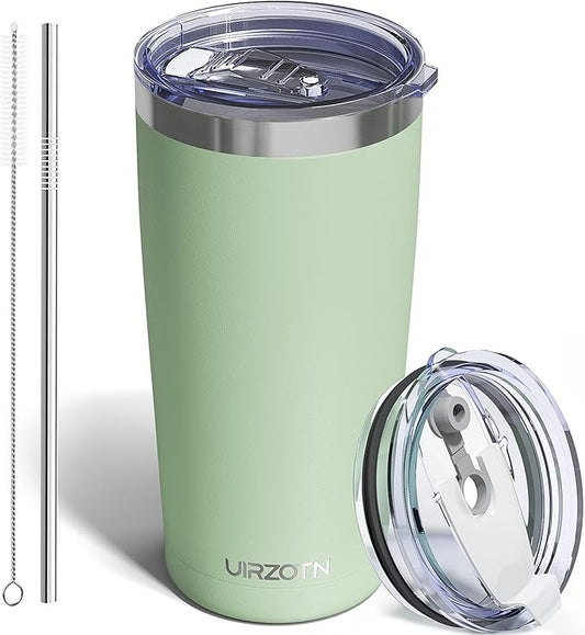 Travel Coffee Tumbler 20oz, Leakproof Travel Coffee Mug with Dual Lids and Straw, Stainless Steel Double Wall Vacuum Insulated Tumbler for Hot/Iced Drinks (Mint Green, Textured Matte)