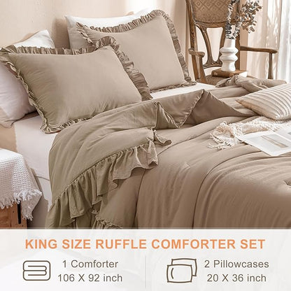 QSH Ruffled Comforter Set King Size,3PCs Light Taupe Shabby Boho Chic Bedding Comforter Sets King, Ultra Soft Farmhouse Lightweight Microfiber Inner Fill Bed Comforter Set