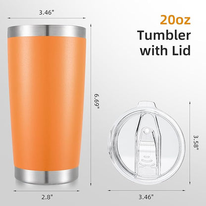 20 oz Tumbler Bulk with Lid Stainless Steel Insulated Tumblers Double Wall Vacuum Coffee Mug Powder Coated Tumbler Cups for Cold and Hot Drinks, Orange, 12 pack