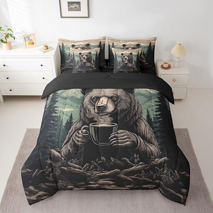 Erosebridal Funny Bear Comforter Sets with Sheets, Brown Bear Drinking Coffee Bedding Set Twin for Boys Girls Rustic Wildlife 7Pcs Bed in A Bag Watercolor Wooden Animal Theme Bed Set