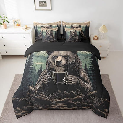 Erosebridal Funny Bear Comforter Sets with Sheets, Brown Bear Drinking Coffee Bedding Set King for Boys Girls Rustic Wildlife 7Pcs Bed in A Bag Watercolor Wooden Animal Theme Bed Set