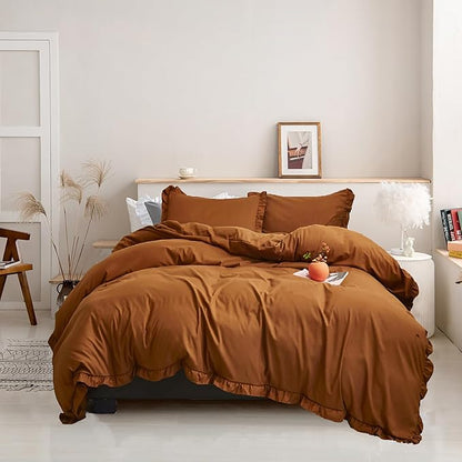 Luxlovery Pumpkin Color Ruffle Comforter Set Queen Farmhouse Rust Bedding Comforter Set Full Shabby Chic Solid Terracotta Blanket Quilts Vintage Bedding Set Women Men Adults