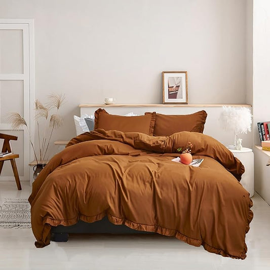 Luxlovery Pumpkin Color Ruffle Comforter Set Queen Farmhouse Rust Bedding Comforter Set Full Shabby Chic Solid Terracotta Blanket Quilts Vintage Bedding Set Women Men Adults