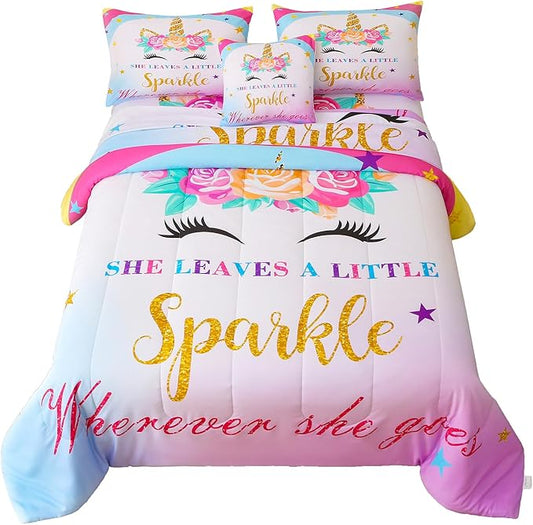 6 Pieces Unicorn Comforter Sets,3D Pink Blue Unicorn Flower Pattern,Decorative 6 Piece Bedding Sets with Comforter,Flat Sheet,Fitted Sheet,Throw Pillow Cover,Pillow Shams,Twin Size