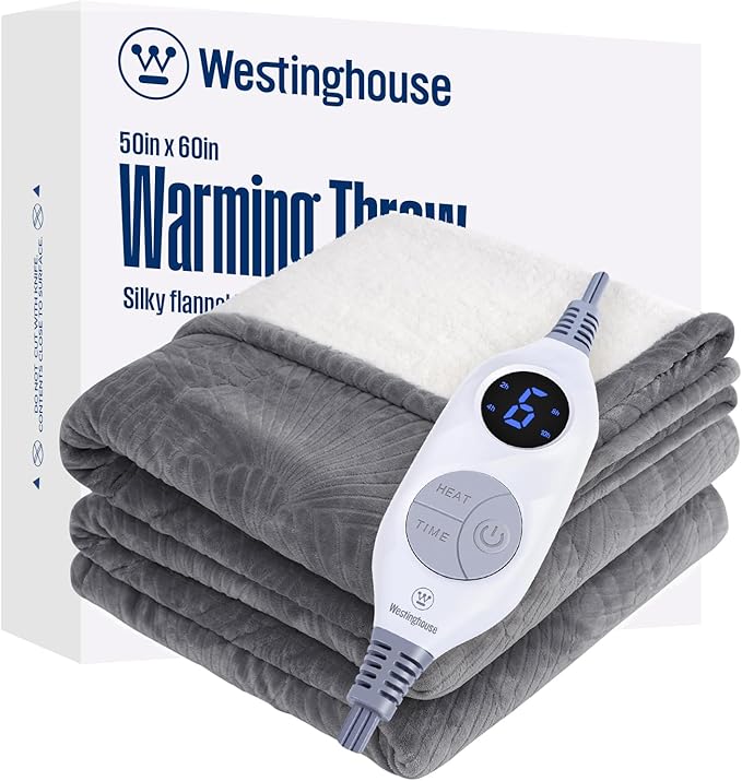 Westinghouse Electric Throw Blanket, Flannel Sherpa Heated Throw with 6 Heating Levels and 2-10 Hours Auto-Off, Flower Jacquard Heated Blanket, Fast Heating & ETL Certification, 50" x 60" Inch, Grey