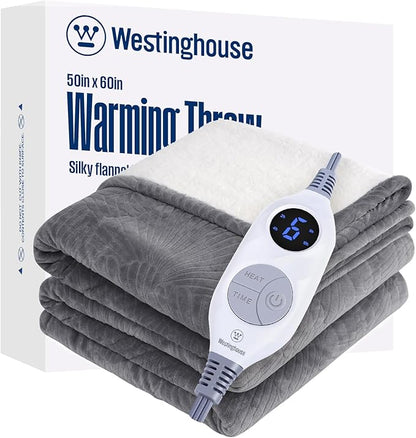 Westinghouse Electric Throw Blanket, Flannel Sherpa Heated Throw with 6 Heating Levels and 2-10 Hours Auto-Off, Flower Jacquard Heated Blanket, Fast Heating & ETL Certification, 50" x 60" Inch, Grey