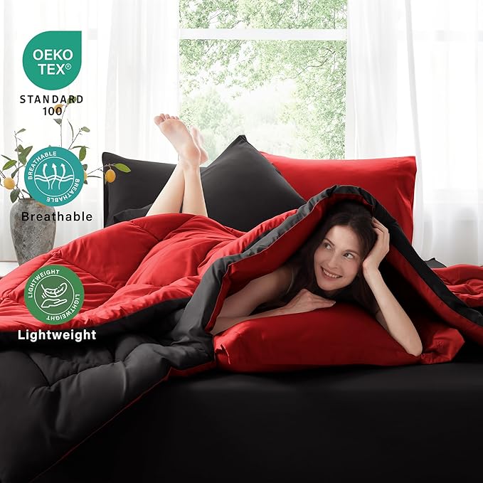 Anluoer King Comforter Set，Red and Black Bed in a Bag 7 Piece，Lightweight Bedding Set with Soft Down Alternative Fill，Bed Set Includes Comforter, Fitted Sheet, Flat Sheet，Pillowcases and Shams