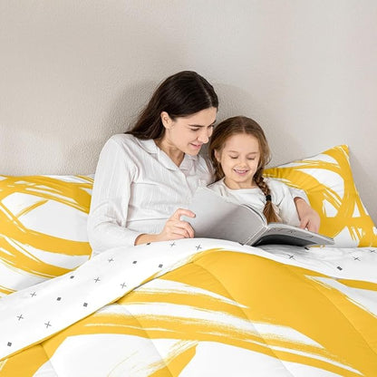 Yellow and White Abstarct Comforter Set Twin Size for Kids Boys Girs,Graffiti Stripes Lines Bedding Set,Aesthetic Geometric Duvet Insert for Minimalists,Contemporary Boho Modern Art Quilt