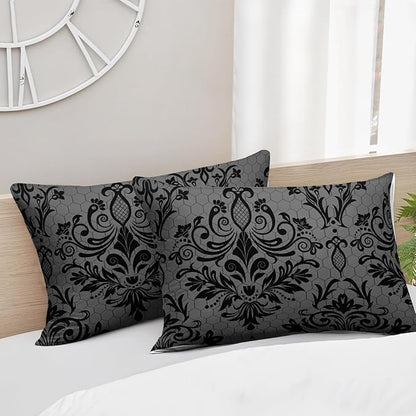 Black Gothic Floral Print Comforter Set Full Size,Vintage Damask Floral Bedding Set,Bohemian Exotic Printed Quilted Set for Teens Adult,with 1 Comforter and 2 Pillow Case