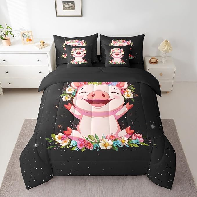 Erosebridal Pink Pig 7 Piece Comforter Set for Girls Kawaii Room Decor King,Rose Floral Leaf Bed in a Bag with Flat Sheet and Fitted Sheet,Cute Farm Animal Cartoon Bedding Set with Pillowcase & Sham