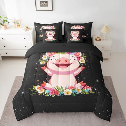 Erosebridal Pink Pig 7 Piece Comforter Set for Girls Kawaii Room Decor King,Rose Floral Leaf Bed in a Bag with Flat Sheet and Fitted Sheet,Cute Farm Animal Cartoon Bedding Set with Pillowcase & Sham