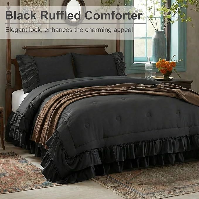 Black Comforter Set Queen Boho Bedding Set Shabby Chic 2 Layers Ruffled Bedroom Home Decor Ultra Soft Microfiber Farmhouse Down Comforter Bohemian Quilt Set