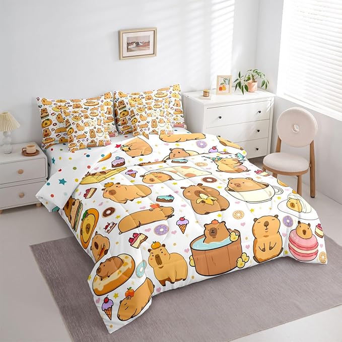 Capybara 7 Pcs Bedding Set Twin Size,Cartoon Cute Capybara Animals Bed in a Bag,Funny Rodent Animal Bed Set Includes Comforter,Sheet Set,Pillowcases & Pillow Covers,Stars Hearts Desserts Bedroom Decor