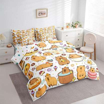 Capybara 7 Pcs Bedding Set Twin Size,Cartoon Cute Capybara Animals Bed in a Bag,Funny Rodent Animal Bed Set Includes Comforter,Sheet Set,Pillowcases & Pillow Covers,Stars Hearts Desserts Bedroom Decor