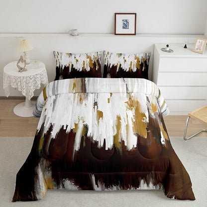 Maillard Brown Bedding Set King Abstract Watercolor Comforter Set, Gradient Stripe Duvet Insert Chic Vintage Aesthetic Quilt Sets, Graffiti Oil Painting Modern Bedding Comforters & Sets for Kids Teens