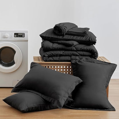 Love's cabin Full Comforter Set Black, 7 Pieces Full Bed in a Bag, All Season Bedding Sets with 1 Comforter, 1 Flat Sheet, 1 Fitted Sheet, 2 Pillowcase and 2 Pillow Sham