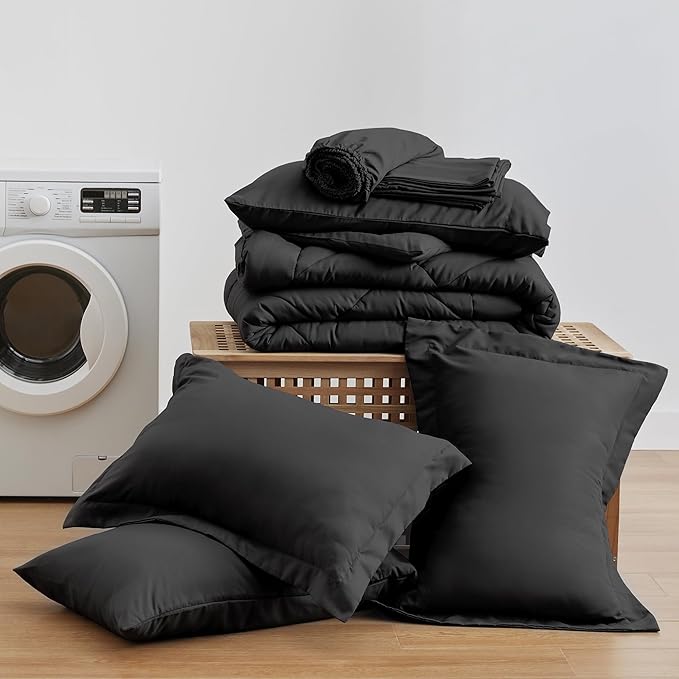 Love's cabin California King Comforter Set Black, 7 Pieces California King Bed in a Bag, All Season Bedding Sets with 1 Comforter, 1 Flat Sheet, 1 Fitted Sheet, 2 Pillowcase and 2 Pillow Sham