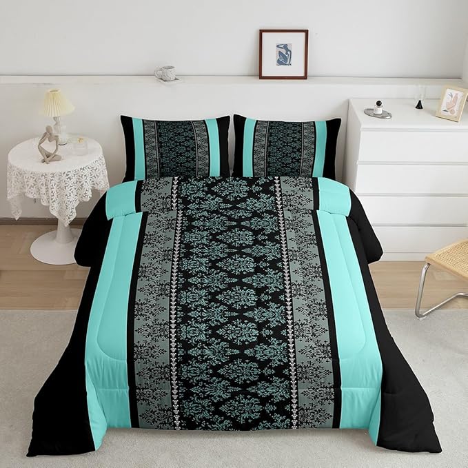 jejeloiu Adult Classic Jacquard Bedding Set King Size Damask Pattern Comforter Set for Boys Girls Black Teal Stripe Duvet Set Baroque Quilt Set 3Pcs