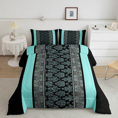 jejeloiu Adult Classic Jacquard Bedding Set King Size Damask Pattern Comforter Set for Boys Girls Black Teal Stripe Duvet Set Baroque Quilt Set 3Pcs