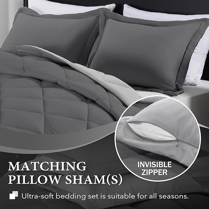 downluxe King Size Comforter Set - Charcoal and Grey King Comforter, Soft Bedding Sets for All Seasons -3 Pieces - 1 Comforter (104"x92") and 2 Pillow Shams(20"x36")