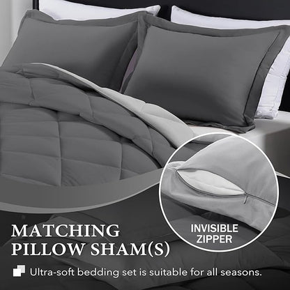 downluxe King Size Comforter Set - Charcoal and Grey King Comforter, Soft Bedding Sets for All Seasons -3 Pieces - 1 Comforter (104"x92") and 2 Pillow Shams(20"x36")