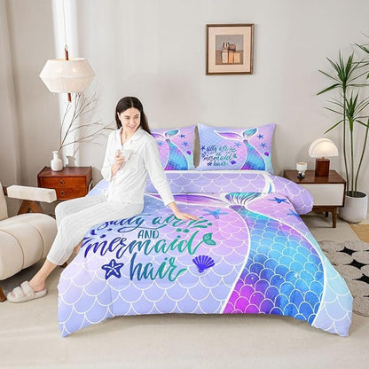 Mermaid Tail Comforter Set Kids Girls Fish Scales Cute Bedding Set Twin,Girly Shell Starfish Duvet Insert Ocean Life Sea Animal Duvet Stuffing Pastel PInk Teal Blue Purple Kawaii Room Decor