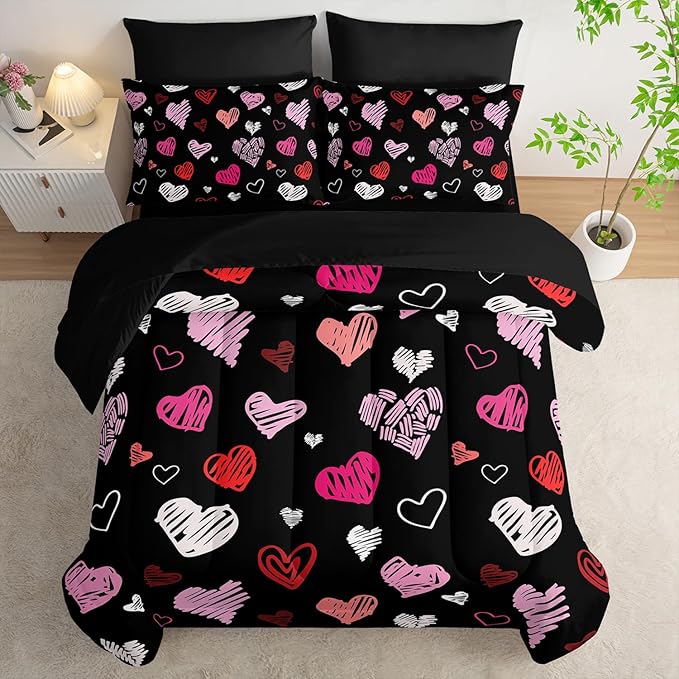 Love Black Comforter Set King Size 7Pcs，Love Valentines Day Romantic Soft Bedding Set Pink Watercolor Kawaii Cartoon Love Heart Geometric, Bed Sheet Set Cartoon Love Decor