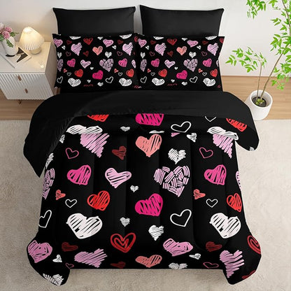 Love Black Comforter Set King Size 7Pcs，Love Valentines Day Romantic Soft Bedding Set Pink Watercolor Kawaii Cartoon Love Heart Geometric, Bed Sheet Set Cartoon Love Decor