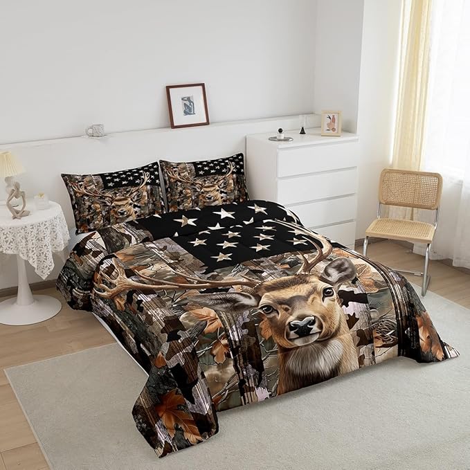 Feelyou Deer Hunting Comforter,Hunter Bedding Set Camo American Flag Comforter Toddler Size for Bedroom Decor,Deer Comforter Set for Boys Teens Girls,Toddler Comforter Set with 1 Pillowcase