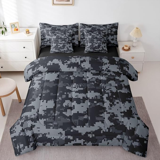 Miner Theme 7 Piece Comforter Set Queen Size,Grey Black Camo All Season Reversible Bed in a Bag Pixel Grid Bedding Sets Abstract Geometric Flat Sheet,Fitted Sheet,Pillowcases