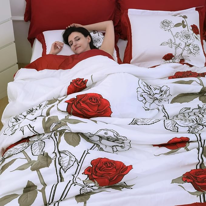 EVENHUG King Size Comforter Set 7 Pieces Red Rose Floral Bedding Sets for All Season Bed in a Bag with Flowers Comforter and Flat Sheet, Fitted Sheet, Pillowcases (104"x90")