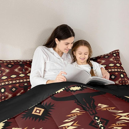 Feelyou Brown Western Aztec Decor Comforter Set Southwestern Toddler Size Bedding Set Exotic Bull Skull Duvet Quilt Ethnic Tribal Bedroom Decor