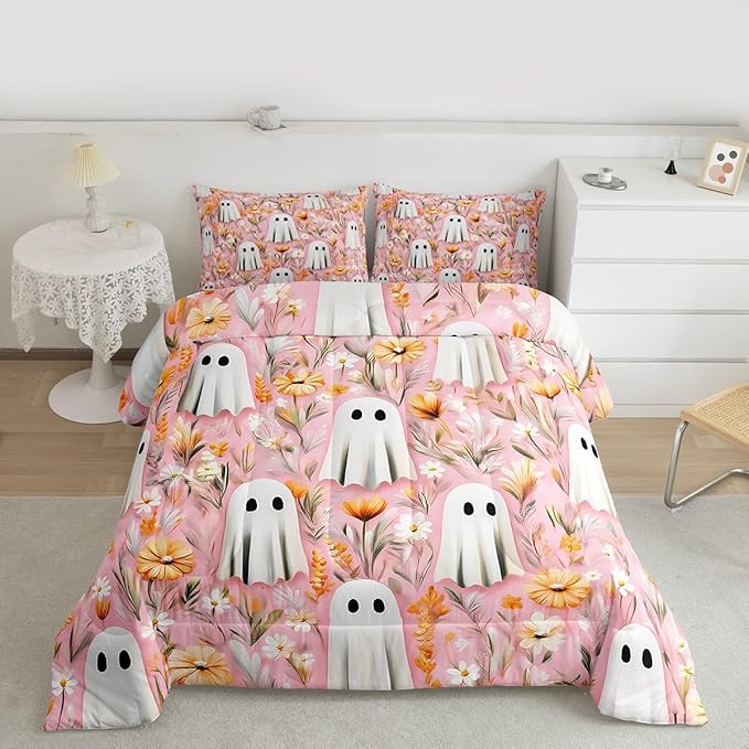 Erosebridal Girls Halloween Ghost Full Bedding Set, Bohemian Halloween Decor Comforter Set for Kids Teens Women Bedroom Decor, Boho Floral Comforter, Blossom Flowers Quilt 3 Piece
