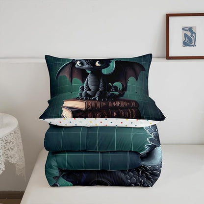 Manfei Kawaii Dragon Bedding Comforter Sets Twin,Cute Little Dragon Reading Books Bedding Set for Bedroom Decoration,Green Grids Geometric Checker with 1 Comforter and 1 Pillow Case Bedroom Decor