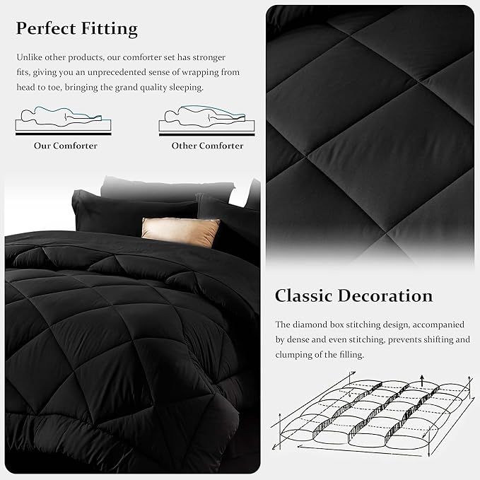 Newspin King Comforter Set Black - Bed in a Bag King Size 8 Pieces, All Season Bed Set, Fluffy Comforter Set with Sheets, Sheet Set Quilt Blanket, Pillowcases & Shams & Bed Skirt