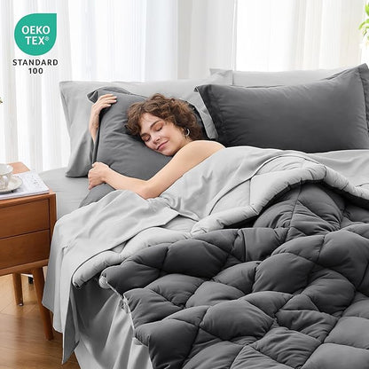 MUXHOMO 5 Pieces Twin Comforter Set, Reversible Bed in a Bag Twin Size, All Season Bedding Set with Comforter, Flat Sheet, Fitted Sheet, Pillowcases & Shams, Dark Grey & Light Grey
