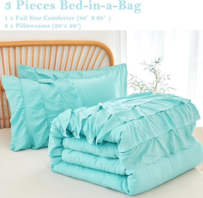 PERFEMET Teal Boho Full Size Bedding Sets for Girls, Multi Layers Ruffle Kids Comforter Set, Washed Microfiber Princess Bed Set, Farmhouse Boho Preppy Bedding Set (Teal,Full)