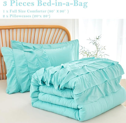 PERFEMET Teal Boho Full Size Bedding Sets for Girls, Multi Layers Ruffle Kids Comforter Set, Washed Microfiber Princess Bed Set, Farmhouse Boho Preppy Bedding Set (Teal,Full)