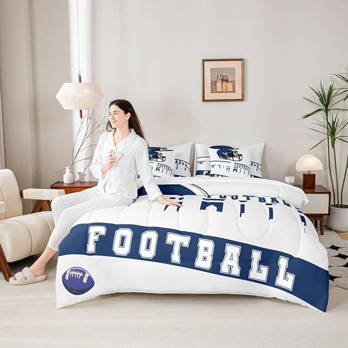Erosebridal Football 7 Pcs Comforter Set King Football Fans Bedding for Boys Girls Football City Sheet Set Bed in A Bag Blue Rugby Competition Room Decor Sports Ball Game Quilt