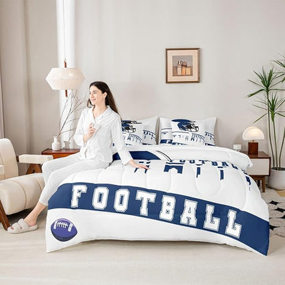 Erosebridal Football 7 Pcs Comforter Set King Football Fans Bedding for Boys Girls Football City Sheet Set Bed in A Bag Blue Rugby Competition Room Decor Sports Ball Game Quilt