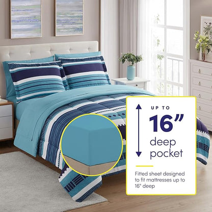 Sweet Home Collection 7 Piece Comforter Set Bag Solid Color All Season Soft Down Alternative Blanket & Luxurious Microfiber Bed Sheets, Marino, Queen