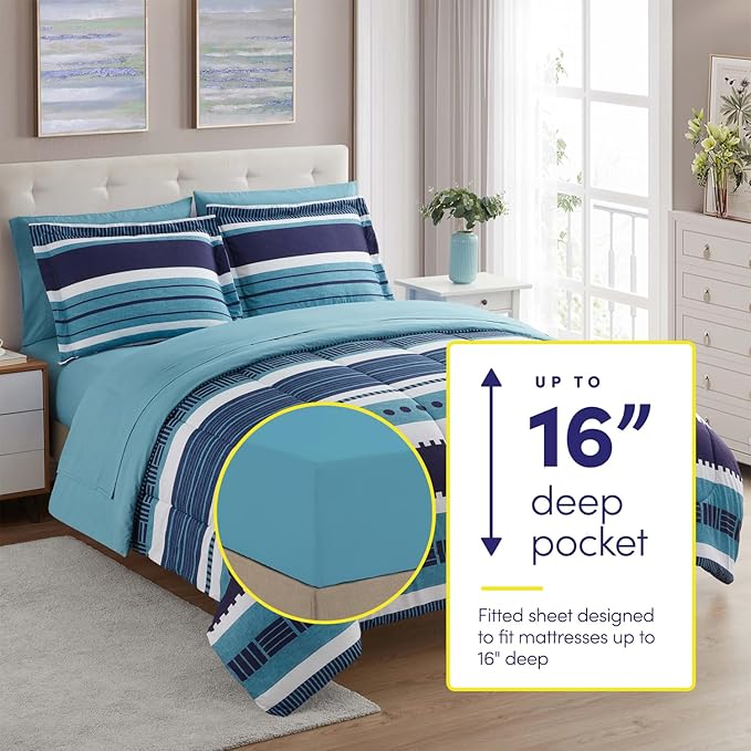 Sweet Home Collection 7 Piece Comforter Set Bag Solid Color All Season Soft Down Alternative Blanket & Luxurious Microfiber Bed Sheets, Marino, Twin