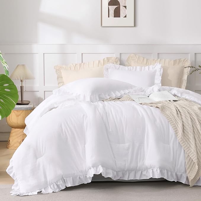Andency Oversized King Comforter Set 120x98, 3 Pieces Ruffle Shabby Chic Famhouse Bedding Set, All Season Lightweight Fluffy Bed Set for Girls Women, White