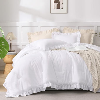 Andency White California King Comforter Set, 3 Pieces Shabby Chic Ruffle Solid Cal King Bedding Sets, All Season Soft Lightweight Home Decor Bed Set Gift for Girls Daughter Women