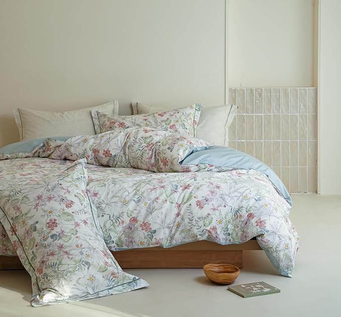 Cotton Queen Size Comforter Set, 3Pcs Flower Print Botanical Comforter for All Seasons, Luxury Warmth Comfy Breathable Bedding Set with 1 Lightweight Comforter and 2 Pillow Shams